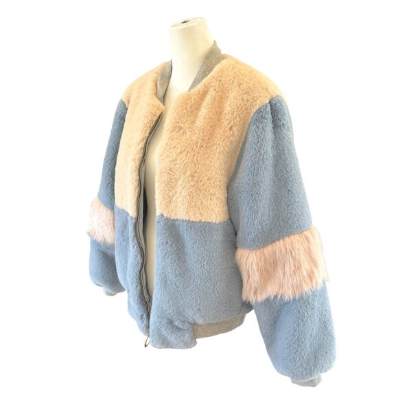 SHACI Colorblock Faux Fur Bomber Jacket in Blue & Blush – Size M - Picture 1 of 9
